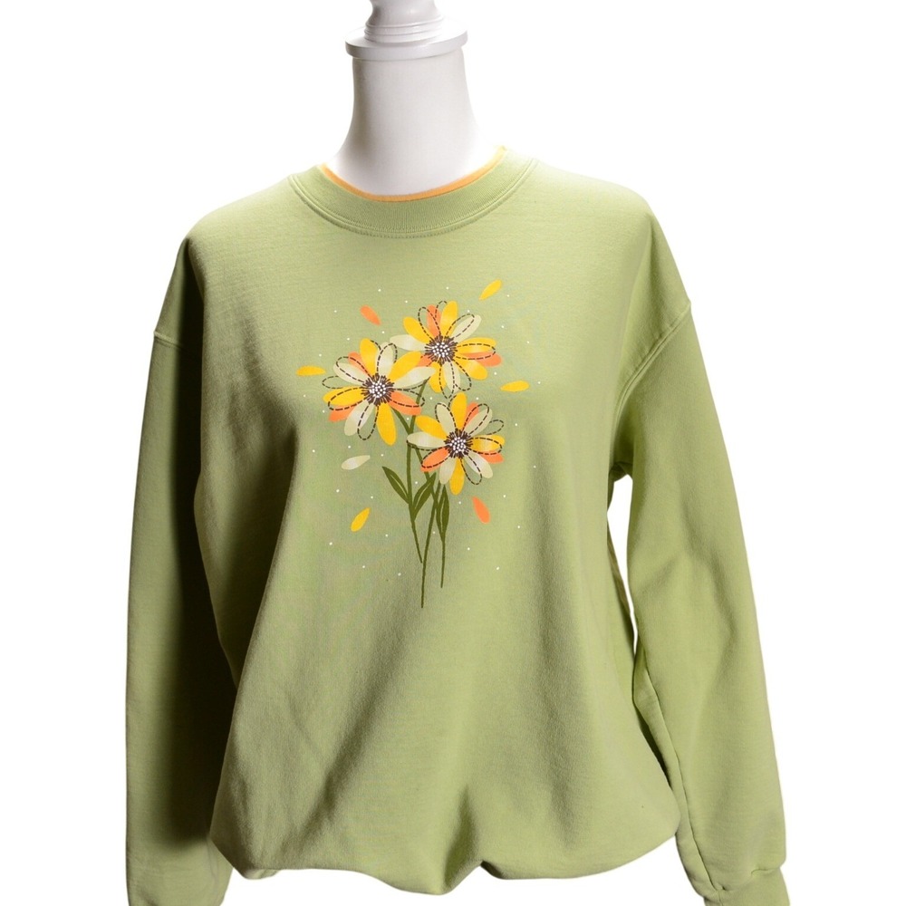 Country Store Womens Light Green Floral Embroidered Crewneck Sweatshirt XLarge
